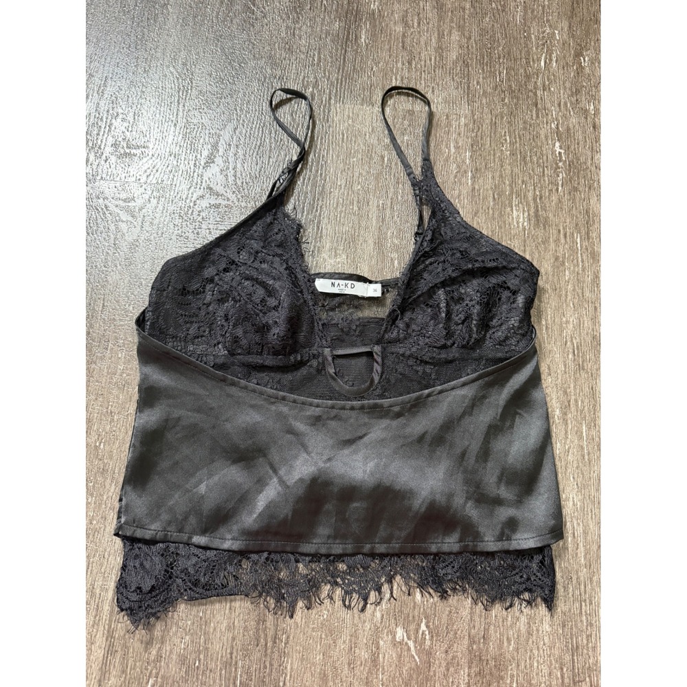 NA-KD Camisole Top Women 36 / S Black Lace Satin Eyelash Trim Keyhole Adjustable